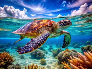 Obraz premium Majestic Ocean Turtle Swimming Gracefully Through Vibrant Coral Reefs in Crystal Clear Waters of the Tropical Sea