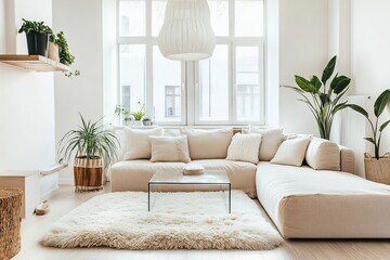 Fototapeta premium Bright modern living room with beige sofa, fluffy rug, and indoor plants creating a cozy and minimalistic atmosphere