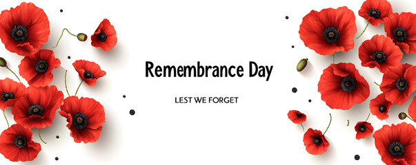 Remembrance day Lest we forget poster. Poppy flowers on white background. banner for veterans day memorial day. Symbol of Memorial Day Armistice day and Anzac Day for greeting card poster