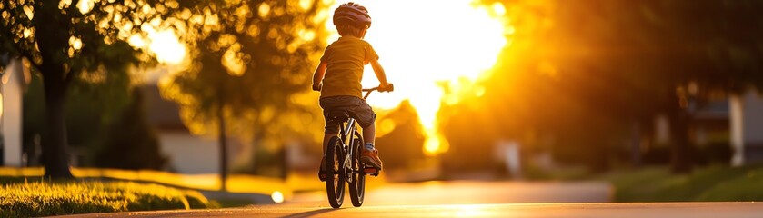 A child riding a bicycle during sunset, creating a warm, joyful atmosphere of childhood adventure.