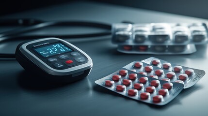 Medical Essentials - Blood Pressure Monitor and Pills in Dramatic Lighting