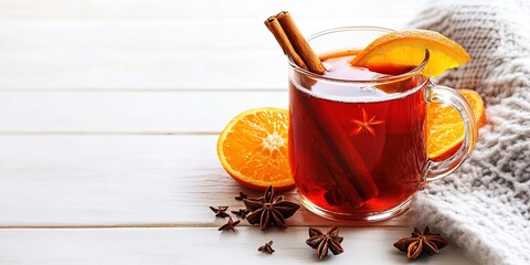 Glass of mulled wine with orange slices, cinnamon sticks, and star anise on a wooden table with pine branches