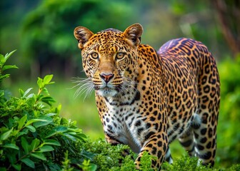 Majestic Sri Lankan Leopard Roaming in Lush Greenery of Yala National Park, Captivating Wildlife Beauty in Sri Lanka