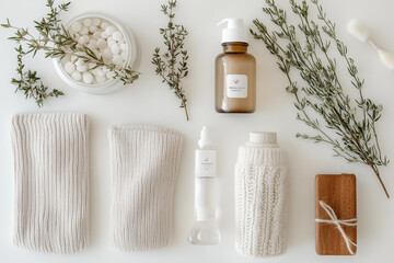 Flat lay of wellness essentials with knitted covers and greenery