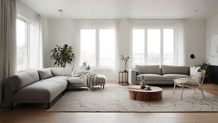 Empty modern living room with neutral colors and minimal furniture