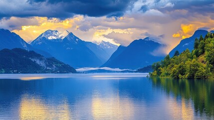 Serene Lake Under Cloudy Skies with Fresh Rain