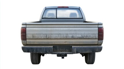Rear view of a dirty pickup truck isolated on white.