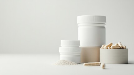 Health supplements bottles, Stylized vitamin and supplement bottles in a clean layout