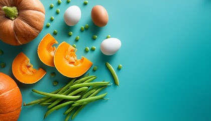 Top-down view of vibrant pumpkin slices, whole eggs, and green beans, sharply focused with a