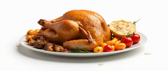 Plate with tasty roasted turkey and different dishes for Thanksgiving day on white background