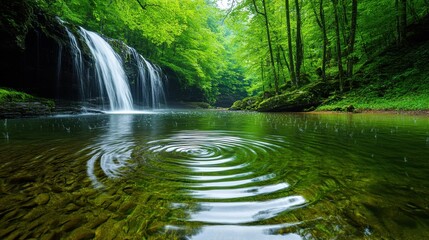 Fototapeta premium Serene Waterfall in Lush Green Forest Setting