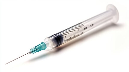 Medical Syringe: A sterile and precise medical syringe with a clear barrel and a sharp needle, ready for injection.  A close-up shot capturing the details of this essential medical tool. 