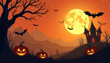 Pumpkin in Halloween night sky, bat in eerie card art. Holiday wallpaper with mysterious moon, happy celebration at event.