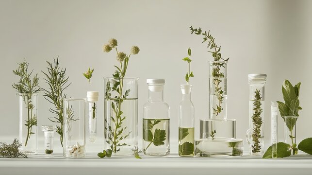 Scientist doing natural medicine research, Natural organic and scientific extraction in glassware, Alternative green plant medicine, Natural skin care beauty products, Laboratory and development 