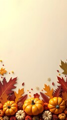 Autumn holiday background featuring pumpkins, colorful dried leaves, and fall decorations arranged at the bottom, leaving the top part empty. Flat lay, top view with copy space. Happy Thanksgiving, ha