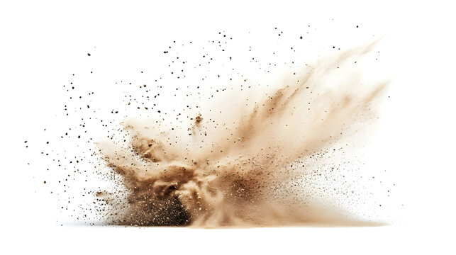 A chaotic sand cloud with tiny particles of sand flying in all directions on a white background