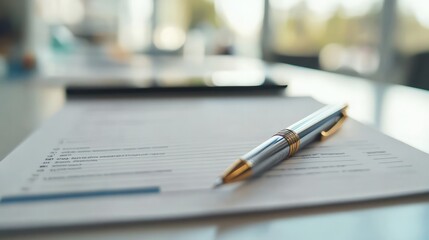 Fototapeta premium Ready to Sign: A close-up shot of a pen resting on a document, capturing the anticipation and readiness for a key decision. The pen is poised above the document.