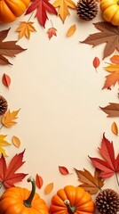 Autumn holiday background featuring pumpkins, colorful dried leaves, and fall decorations arranged at the bottom, leaving the top part empty. Flat lay, top view with copy space. Happy Thanksgiving, ha