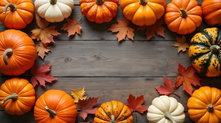 Thanksgiving and Autumn decoration concept made from autumn leaves and pumpkin on dark background. Flat lay, top view with copy space.