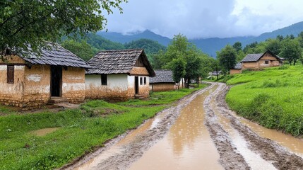 Fototapeta premium Heavy Rain in a Small Village Landscape