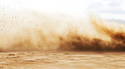 A powerful sandstorm with sand and dust particles flying and spinning isolated on white
