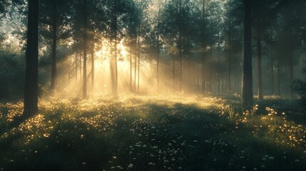 Naklejka premium Sunbeams Illuminate a Mystical Forest Clearing