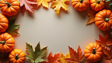 Autumn holiday background featuring pumpkins, colorful dried leaves, and fall decorations arranged at the bottom, leaving the top part empty. Flat lay, top view with copy space. Happy Thanksgiving, ha