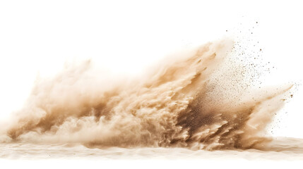 A sandstorm kicking up fine particles of sand creating a dense dust cloud against a white background