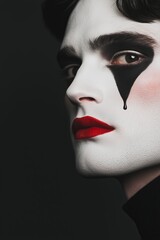 man with minimalist clown makeup, featuring white face paint with thin black brows, red lips, and a single black tear under one eye, wearing a sleek black suit