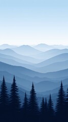 Fototapeta premium A panoramic view of rolling blue mountains with pine trees silhouetted in the foreground.
