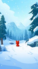 A red fox sits on a snowy path in a mountain forest, with snow falling from the sky.
