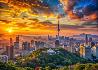 Fototapeta premium Breathtaking Sunset Over Seoul City with Seoul Tower - Urban Exploration Photography