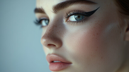 Fototapeta premium A beauty model showcasing perfect black eyeliner makeup, close-up on her eyes and smooth skin, soft shadows, well-blended foundation, professional makeup look, soft lighting, clean and fresh aesthetic