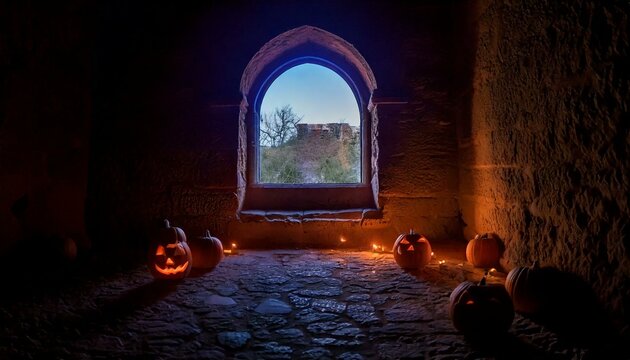 Janela de castelo com ab&oacute;boras de Halloween no ch&atilde;o