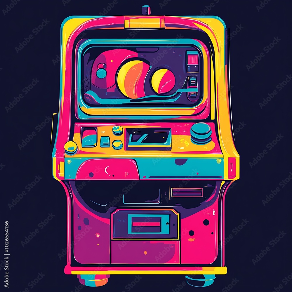 Poster Retro-futuristic arcade game with a colorful design and a screen displaying a planet.