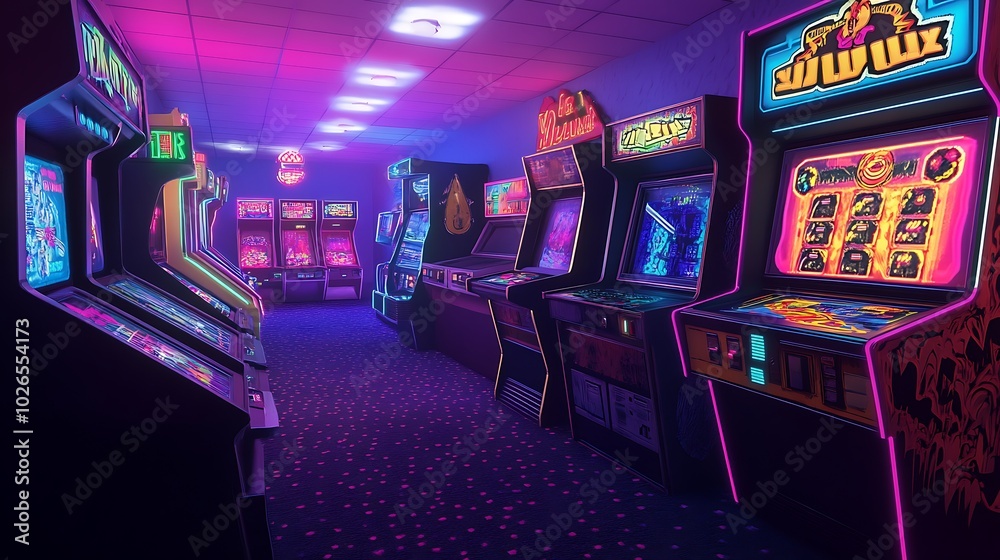 Poster retro arcade interior with rows of vintage arcade cabinets illuminated by neon lights, creating a no