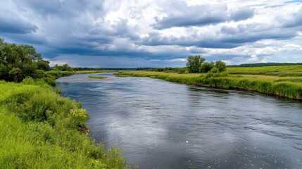 Fototapeta premium Overcast Day with Gentle Rain by the River