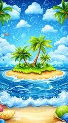 Obraz premium A small, tropical island with palm trees, green grass, and a sandy beach. The island is surrounded by a blue ocean with waves crashing on the shore