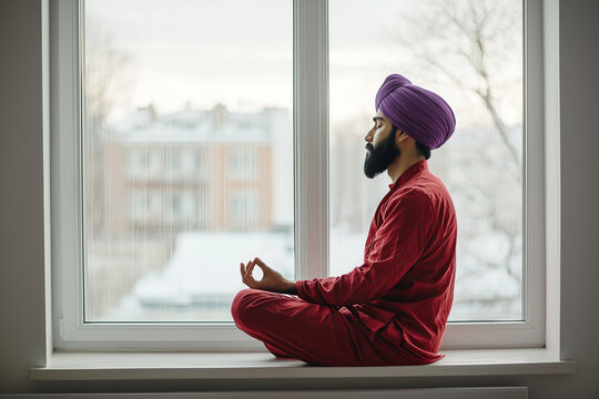 Indian man in traditional dress meditating on windowsill