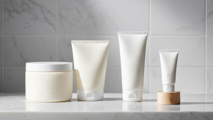 The image shows soft packaging for sensitive skin products on a clean bathroom counter. The calming aesthetic conveys comfort, making it ideal for promoting hypoallergenic skincare solutions.