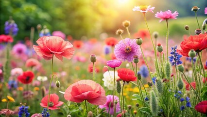 Fototapeta premium Bright pink and red poppies bloom amidst a wildflower garden, creating a stunning display for nature lovers and gardening enthusiasts to admire and