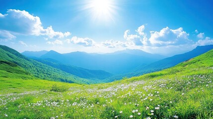A scenic view of a mountain meadow with wildflowers in bloom under a bright blue sky with puffy clouds.