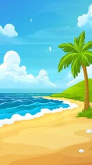 Obraz premium A tropical beach with a palm tree, clear blue water, and white sand.