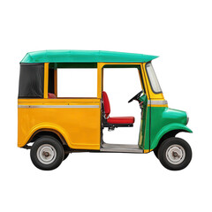 Colorful auto rickshaw with an open door, isolated on white background.