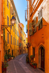 Typical street in the town of Menton, in the Alpes Maritimes, in Provence, France