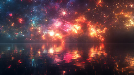 Naklejka premium A stunning close-up of bright colorful fireworks bursting in the night sky, glowing trails of light, sparkling against a deep dark background, reflections on water below, vibrant and festive atmospher