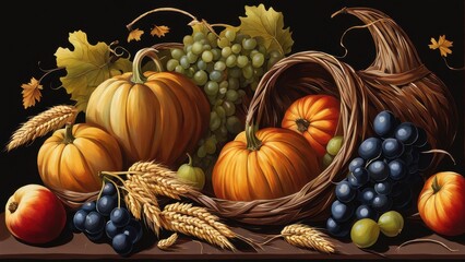 A cornucopia filled with pumpkins, grapes, and wheat, symbolizing harvest abundance.