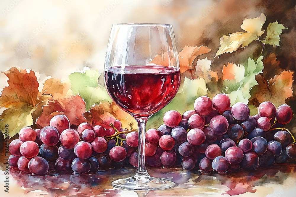 Wall mural a glass of red wine is on a table with a bunch of grapes. the wine glass is half full, and the grape