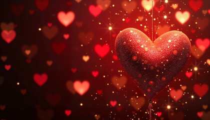 Glittering heart with glowing red bokeh on dark romantic background