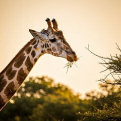 Obraz premium Giraffe Eating Leaves in Golden Light